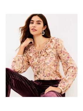LOFT Pink Floral Ruffle Tie-Neck Blouse